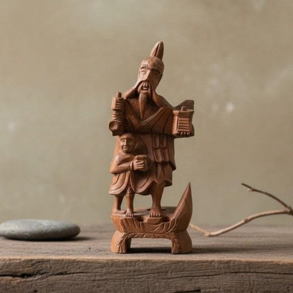 Asian Hand-Carved Wood Figurine, Medicine Man With‎ Child, Chinese Folk Art